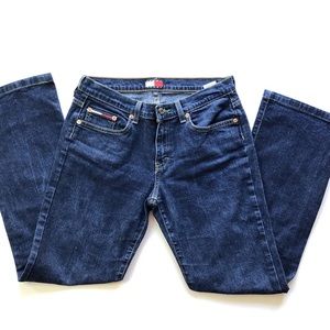 Tommy Hilfiger vintage dark wash jeans, a little low rise with a bit of flare.